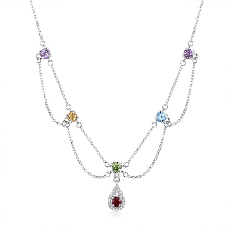 Natural crystal stone rainbow inlaid necklace S925 sterling silver collarbone chain high-end temperament fashion retro jewelry gift