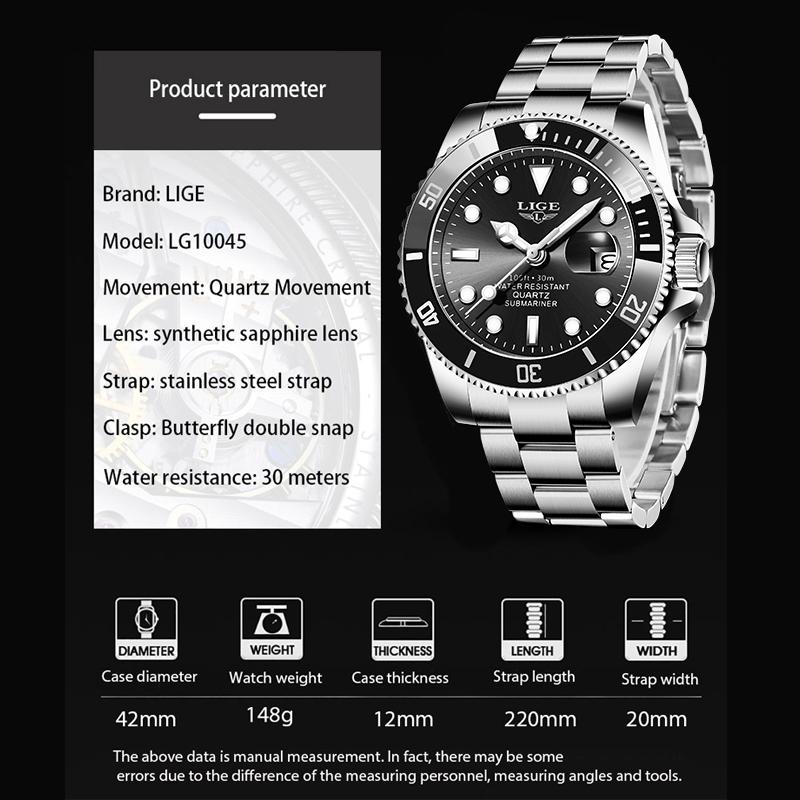 LIGE Fashion Men Watch Top Brand Luxury Stainless Steel Watches Waterproof Luminous Quartz Wristwatch