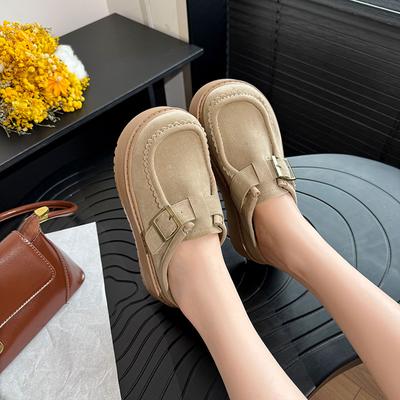 Женские шлепанцы на платформе 2025 весна и осень новые шлепанцы с мехом женские лоферы пряжка ретро матовые полушлепанцы