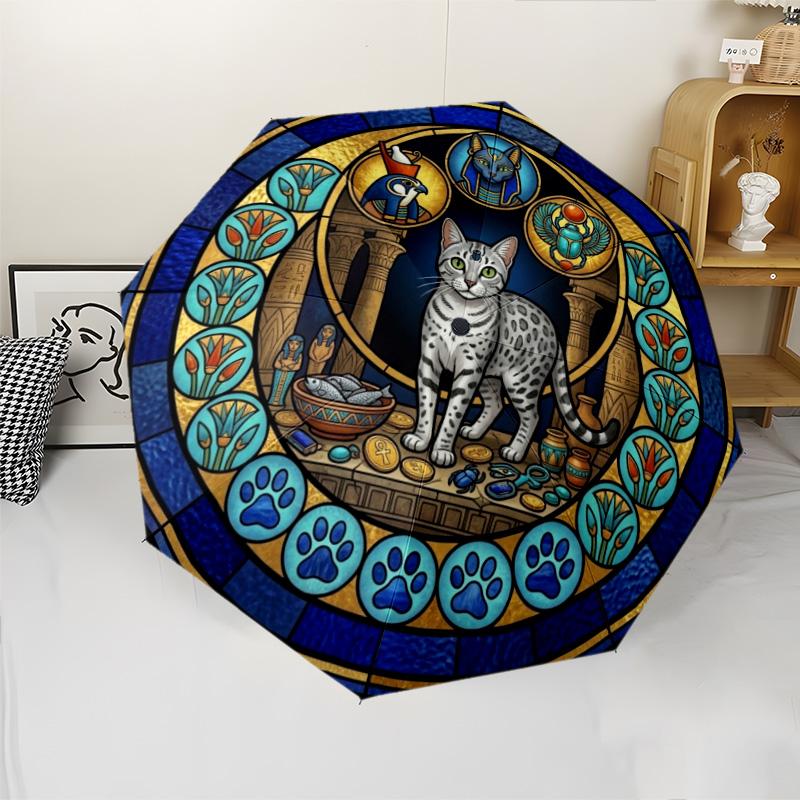 Egyptian Cat Glass pattern umbrella, portable and foldable design, 8 ribs, a casual accessory for Halloween, Christmas, and birthday gifts.
