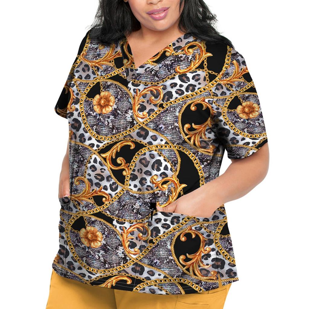 Женские топы с короткими рукавами и V-образным вырезом с мультяшным узором, футболка с рабочей униформой