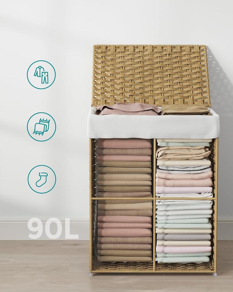 Hand-woven rattan laundry basket 90L Laundry organizer with lid