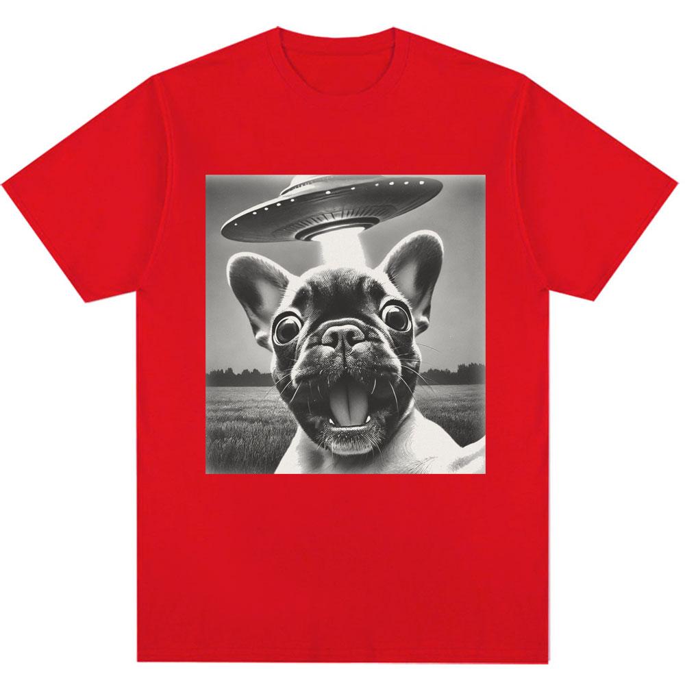 French Bulldog UFO Funny Meme Graphic T-shirt Vintage Fashion Men Women Short Sleeve Oversized Cotton Summer T Shirts Streetwear