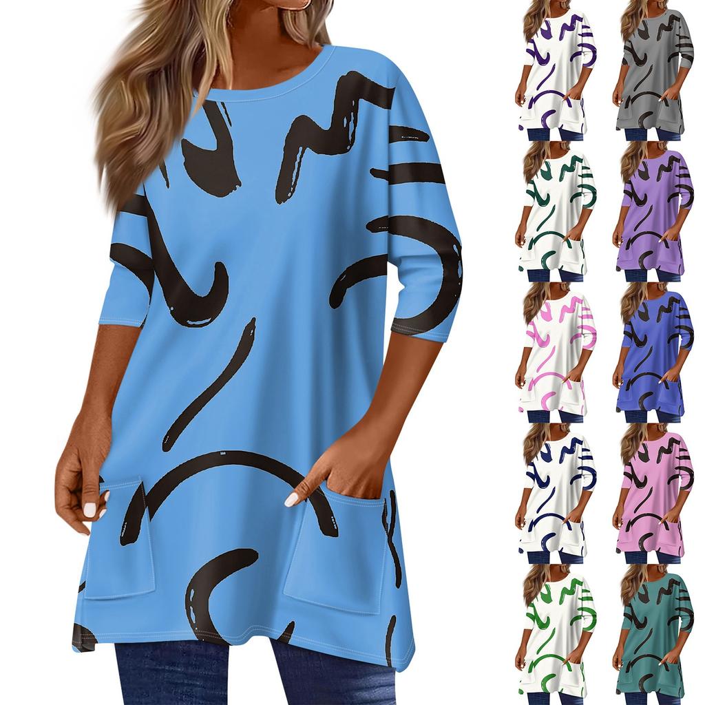 3/4 Sleeve Pocket Tops For Women T-Shirt Casual Print Mid-length Tops T Shirt Round Neck Pullover Blouse