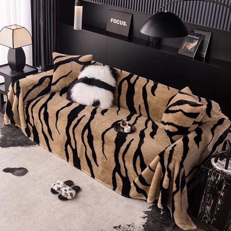 Plush Sofa Cover Cloth Autumn and Winter Zebra Pattern Light Luxury High Sense Bunny Cashmere One Piece Non-Slip Full Cover Sofa Cover