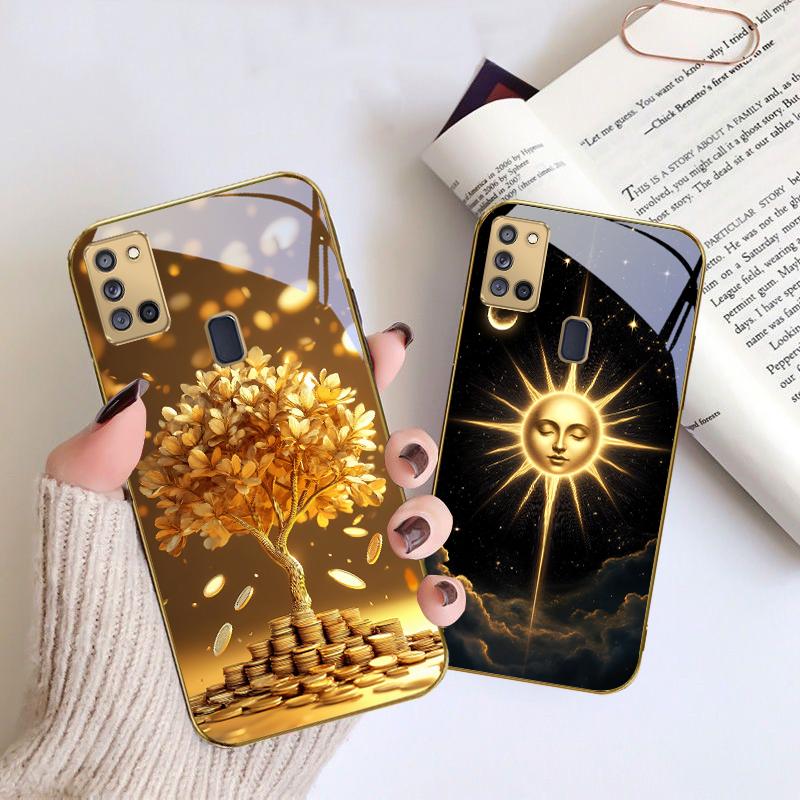 Таинственный черный кот Для Samsung A 31 32 A33 A34 35 14 A15 13 A16 25 26 50 52 53 54 55 56 70 71 72 73 Золотой стеклянный чехол для телефона