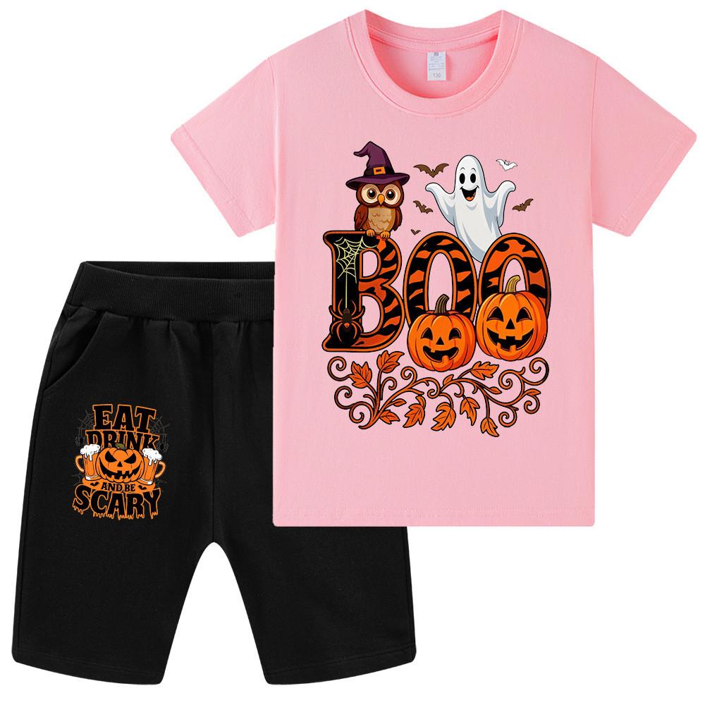 WA1649 Kids Boys Girls Halloween Owl Ghost Print Short Sleeves T-shirt Shorts Sets