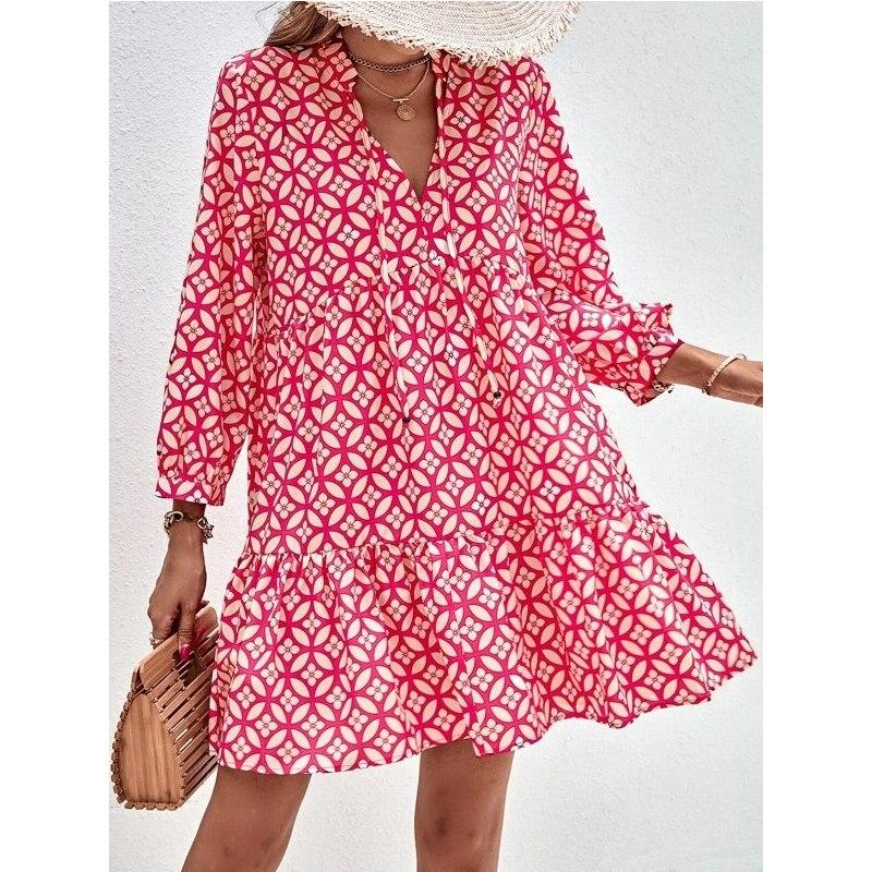 2023 Женское платье трапециевидной формы с v-образным вырезом и принтом в винтажном стиле с длинными рукавами и рюшами, летние короткие платья на шнуровке, женское повседневное пляжное платье в стиле бохо 28719