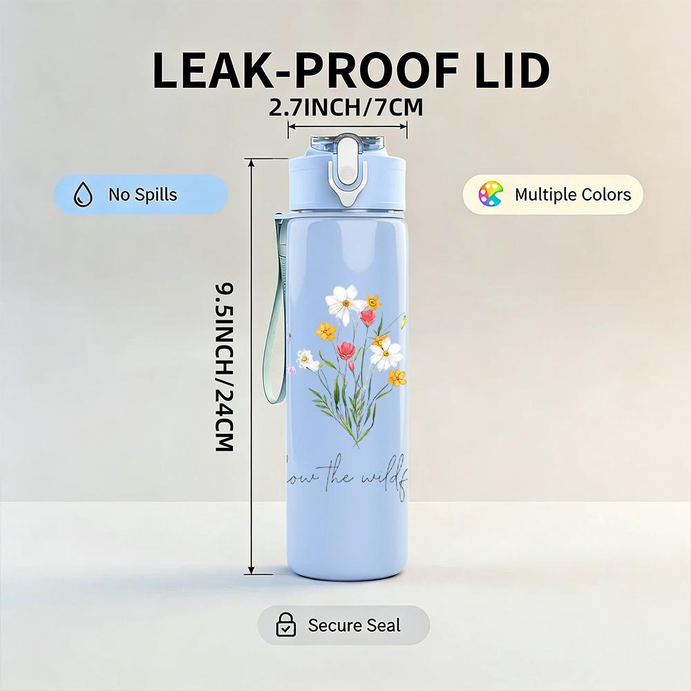 1PC Wildflower Soft Watercolor Graphic,750ml Color Plastic Sports Water Bottle,Leakproof Flip Straw Lid,Suitable for Sports Office Home Use