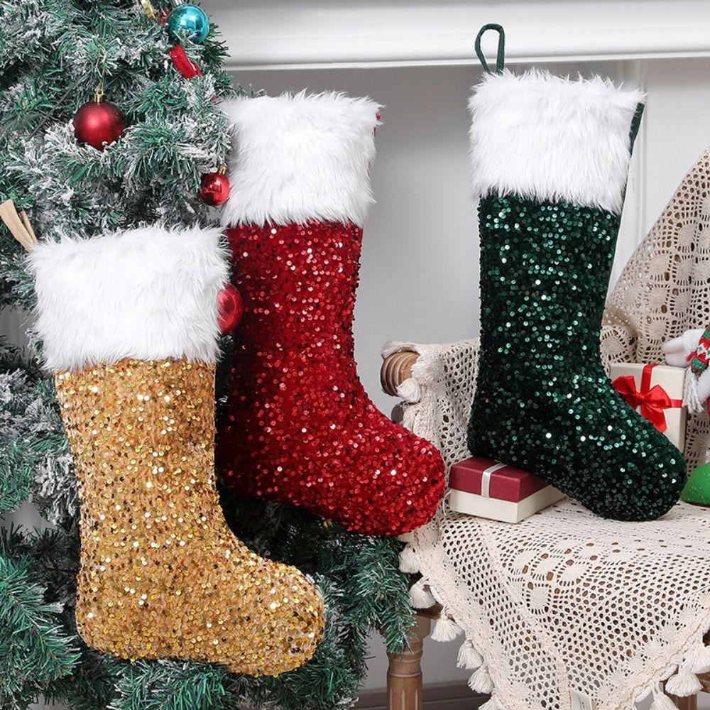 Hanging Christmas Stocking Large Size Xmas Gift Bag Sequin Christmas Gift Socks Christmas Decor