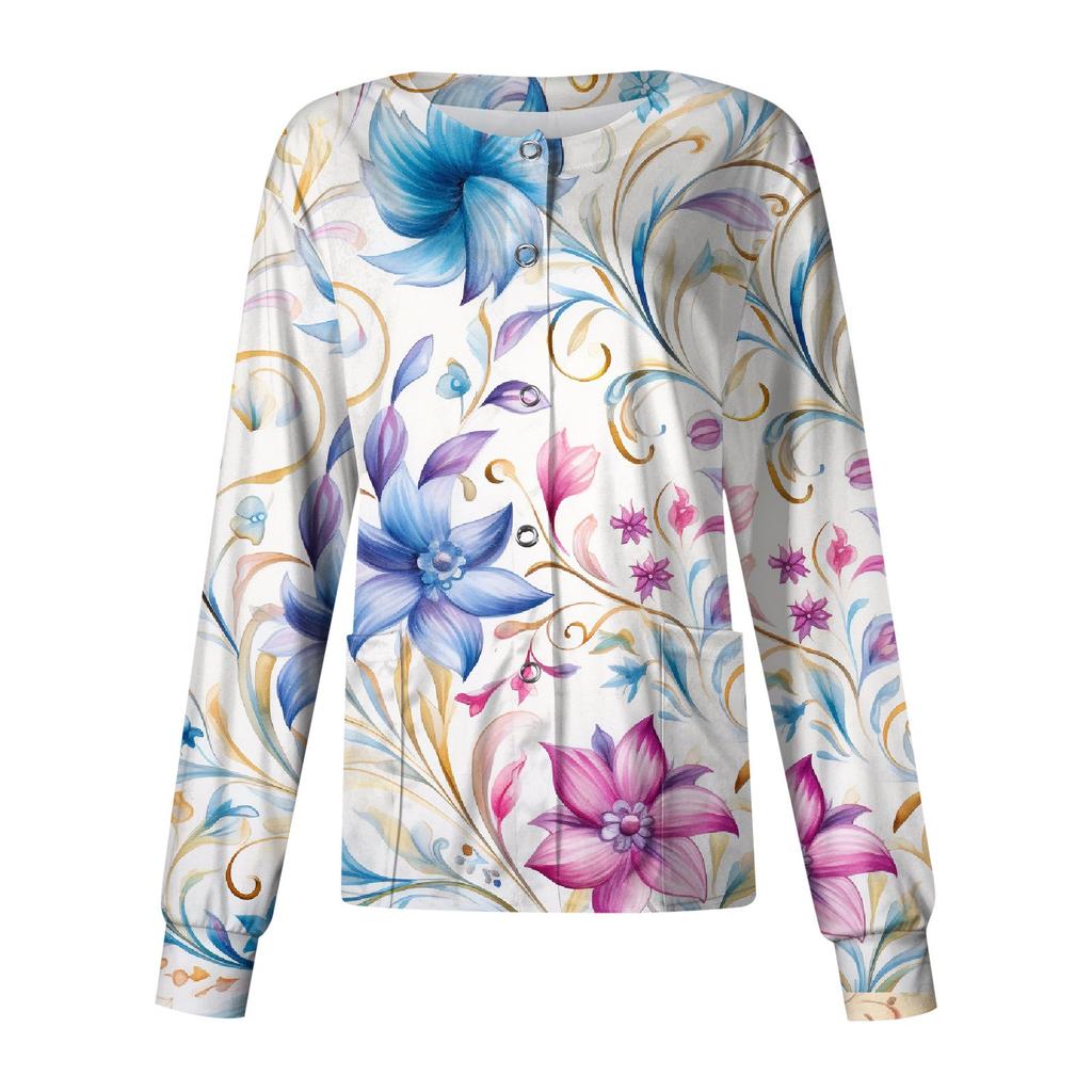 Женский однобортный защитный комбинезон с длинным рукавом и рождественским принтом, карманный рабочий воротник-стойка, кардиган, куртка, топ