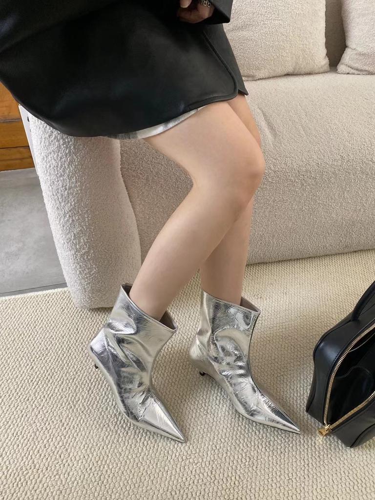 Модные женские ботильоны с острым носком, новинка 2024 года, неглубокие туфли-лодочки без застежки, черные, серебристые, зима-осень, туфли-лодочки для вечеринок, женские размеры 35-39