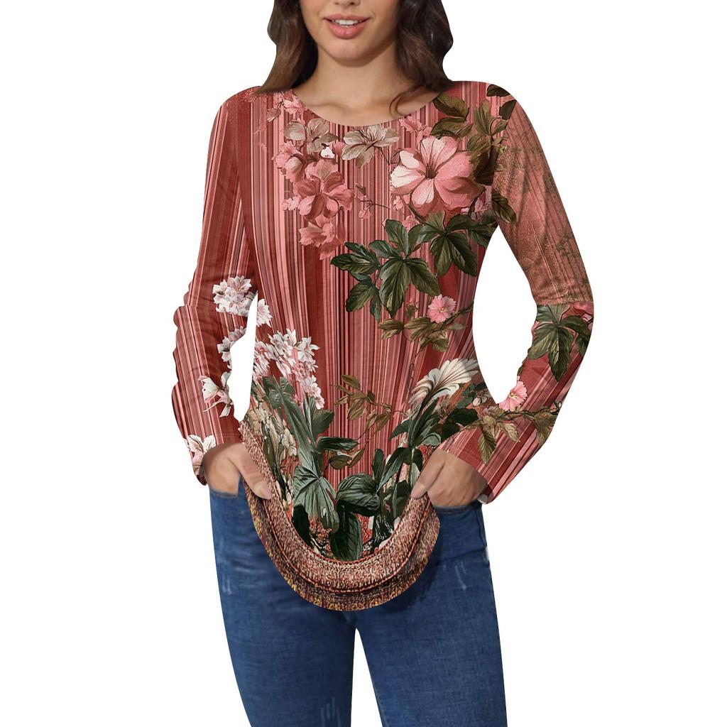 Рубашки для женщин Милые винтажные узоры с принтом Футболка с длинным рукавом Туника Топы Хлопковые пуловеры