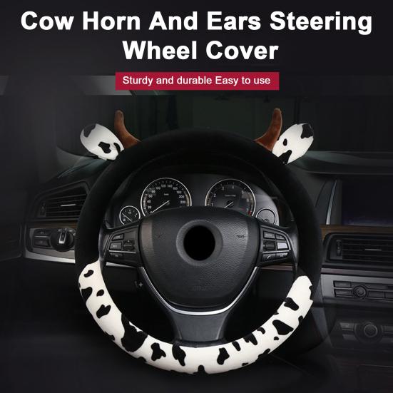 Cow Car Steering Wheel Cover with Horns Ears Anti Slip Sweat Absorption Comfortable 15 Inch Universal Women Auto Steering Wheel Protector Car