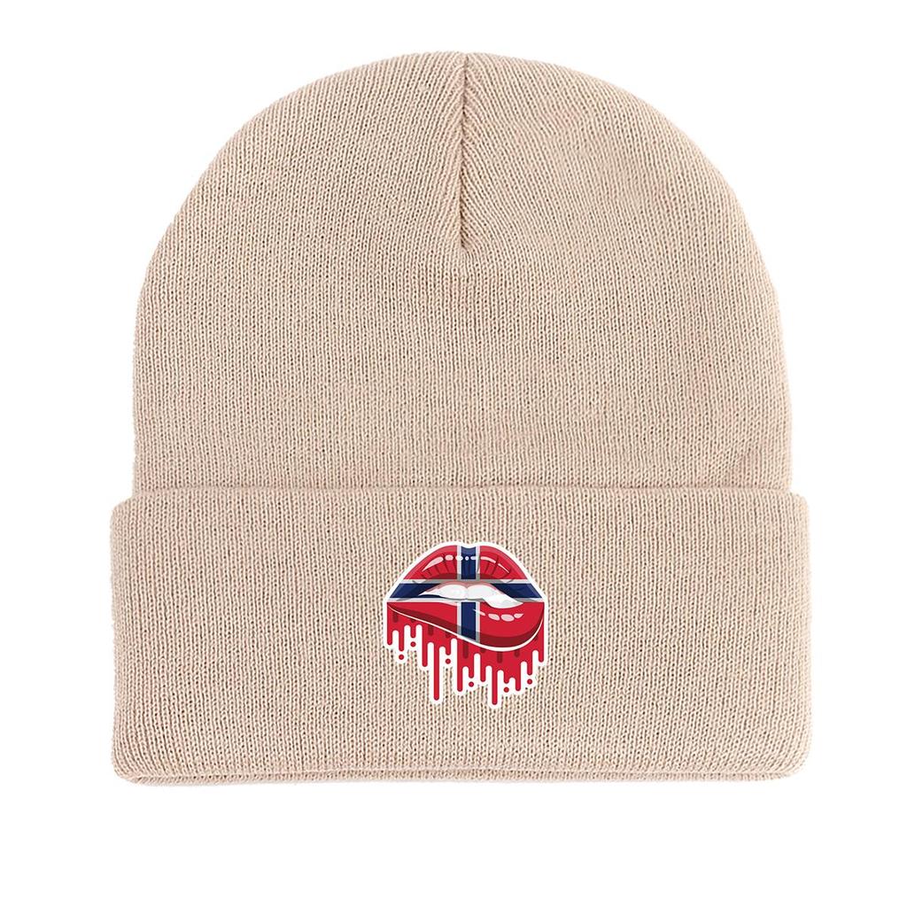 Mouth Flag of Norway Print Knitted Hat Beanie, Patriotic Woman Cap Elastic Cancer Chemo Leisure Headwear Knit Cap Beanie