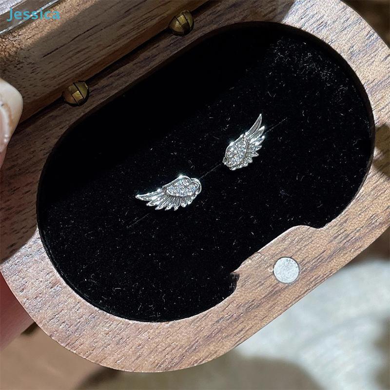 Angel Wing And Cross Ear Stud Set - 34Pcs Silver Plated Rhinestone Earrings For Women
