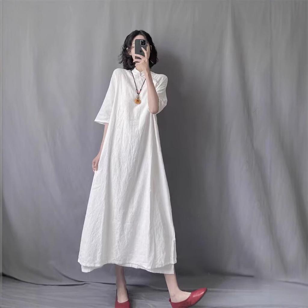 Ретро простой и элегантный ручной работы пряжка диагональная планка воротник-стойка улучшенный ципао женский летний новый короткий рукав жаккардовый хлопок и лен