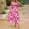 Women's Summer V Neck Maxi Dress Casual Boho Floral Long Dresses Short Puff Sleeve