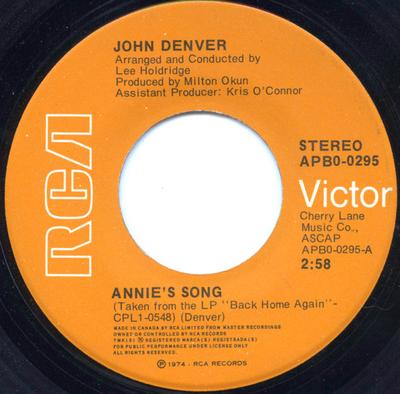 7-дюймовая пластинка ДЖОН ДЕНВЕР - Песня Энни APB00295 RCA Victor 1974 Канада Рок Б/У