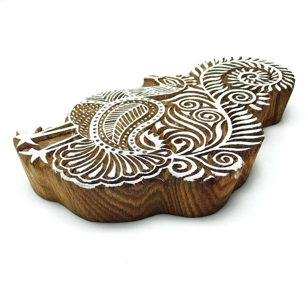 Вырезанная вручную индийская павлиновая деревянная печать для вырезок из текстиля
