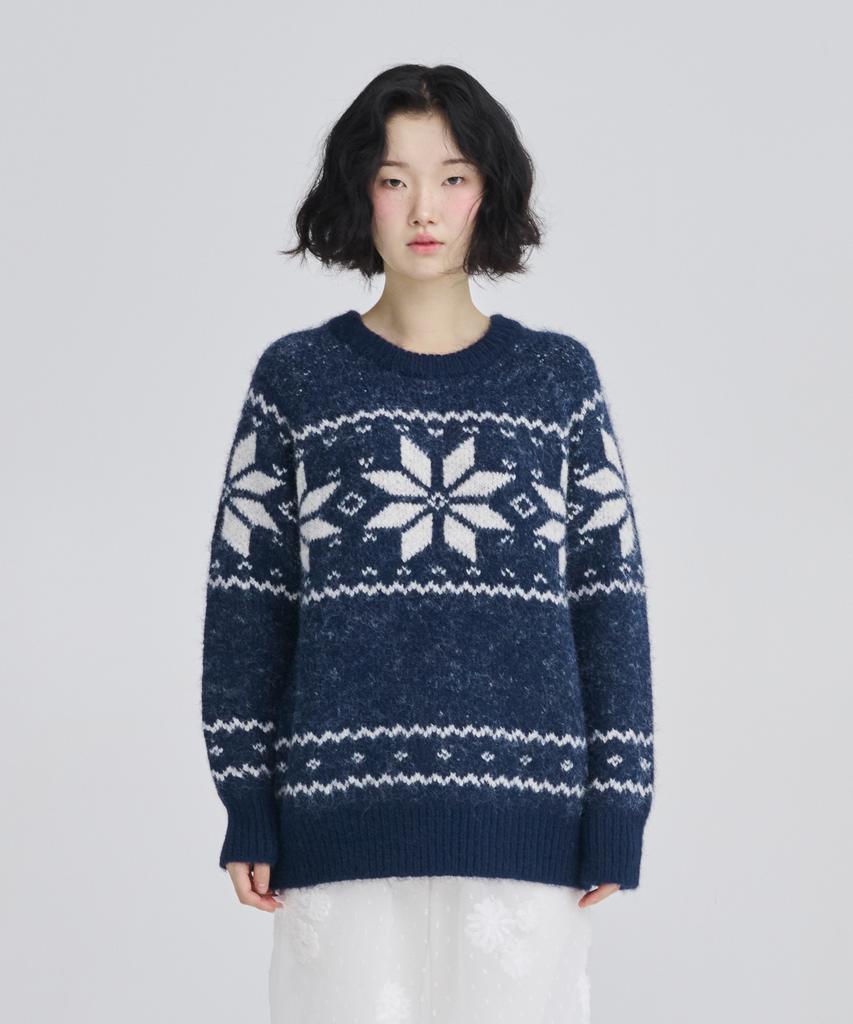 AWESOME STUDIO Nordic Snowflake Jacquard Round Knit Navy