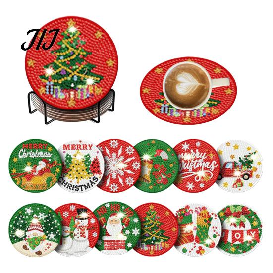 Unique Holiday Present Ideas 12 Pcs Christmas Faux Diamond Painting Art Coasters, DIY Rhinestone Coasters Coaster Making Supplies Kit with Holder,