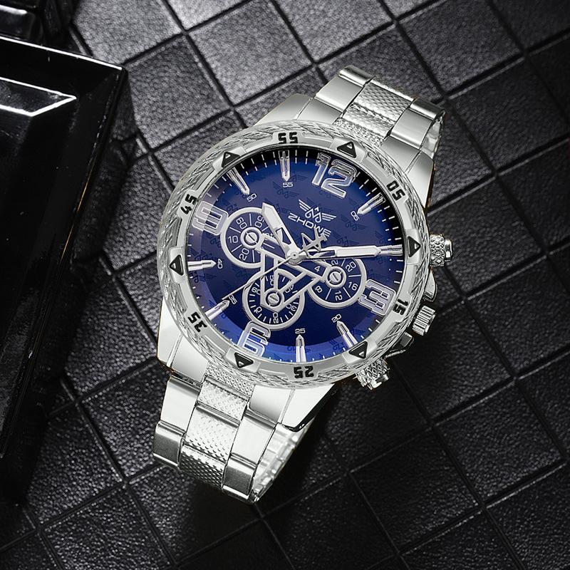 Легкие роскошные деловые часы с кварцевым механизмом, изысканным стальным браслетом, циферблатом с ложными тремя стрелками и смешанной шкалой.