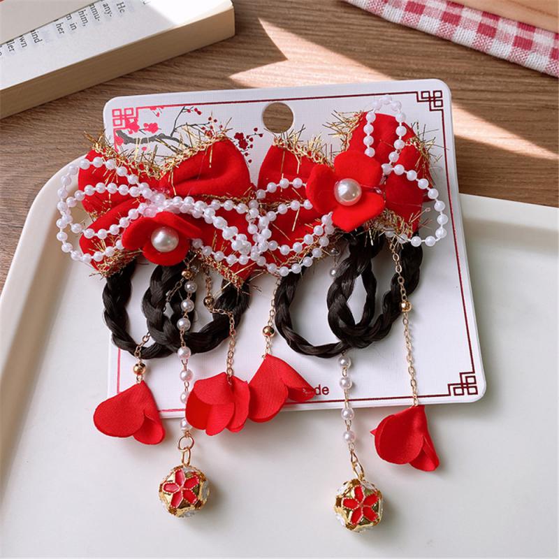 Детские новогодние заколки для волос в китайском стиле, милые плюшевые банты, кисточки, украшения, заколки, шпильки, аксессуары для волос в стиле ханьфу для девочек