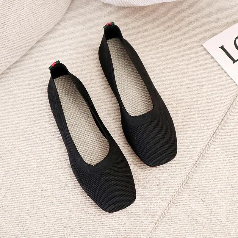 Shoes of Women Fashion Knitted Mesh Breathable Ladies Loafers Comfort Square Toe Casual Flats Zapatos De Mujer 2024