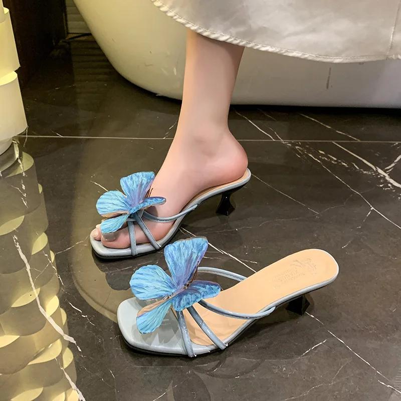 Fashion Blue Butterfly Women Slippers Square Toe Shoes High Heels Sandals Summer Elegant Bohemian Beach Shoes 2025 New Dress Pumps Mujer