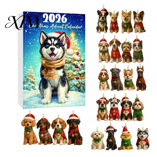 Reusable Double Sided Printed Acrylic Charms Dog Advent Calendar, 2D Breeds Ornaments, 24-Days Christmas Festive Home Window Car Rearview Mirror Decor