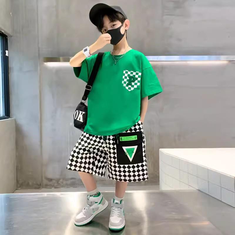Летний комплект одежды для мальчиков, подростковая одежда с коротким рукавом, футболка с надписью, клетчатые шорты, 2 предмета, детская домашняя одежда