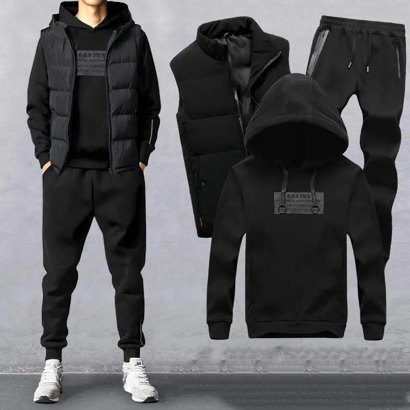 Three-piece Suit Men's Autumn and Winter Hooded Sweater Plus Velvet Clothes Vest Jacket Pants Sports Suit Men's Suit