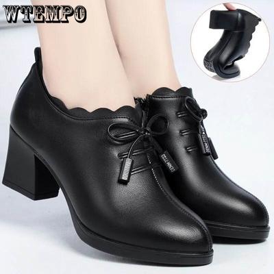 Черные кожаные ботинки, туфли-лодочки на толстом каблуке с галстуком-бабочкой, женская кожаная обувь, нескользящая обувь на высоком каблуке, весенне-осенняя простая обувь для поездок на работу