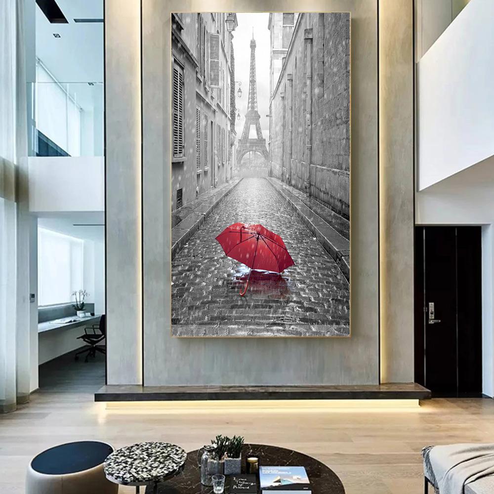 Черно-белый пейзаж, красный зонтик, HD холст, картина для дома, современные подарки, настенные плакаты, принты для гостиной, спальни, офиса, Эйфелева башня, винтажный декор