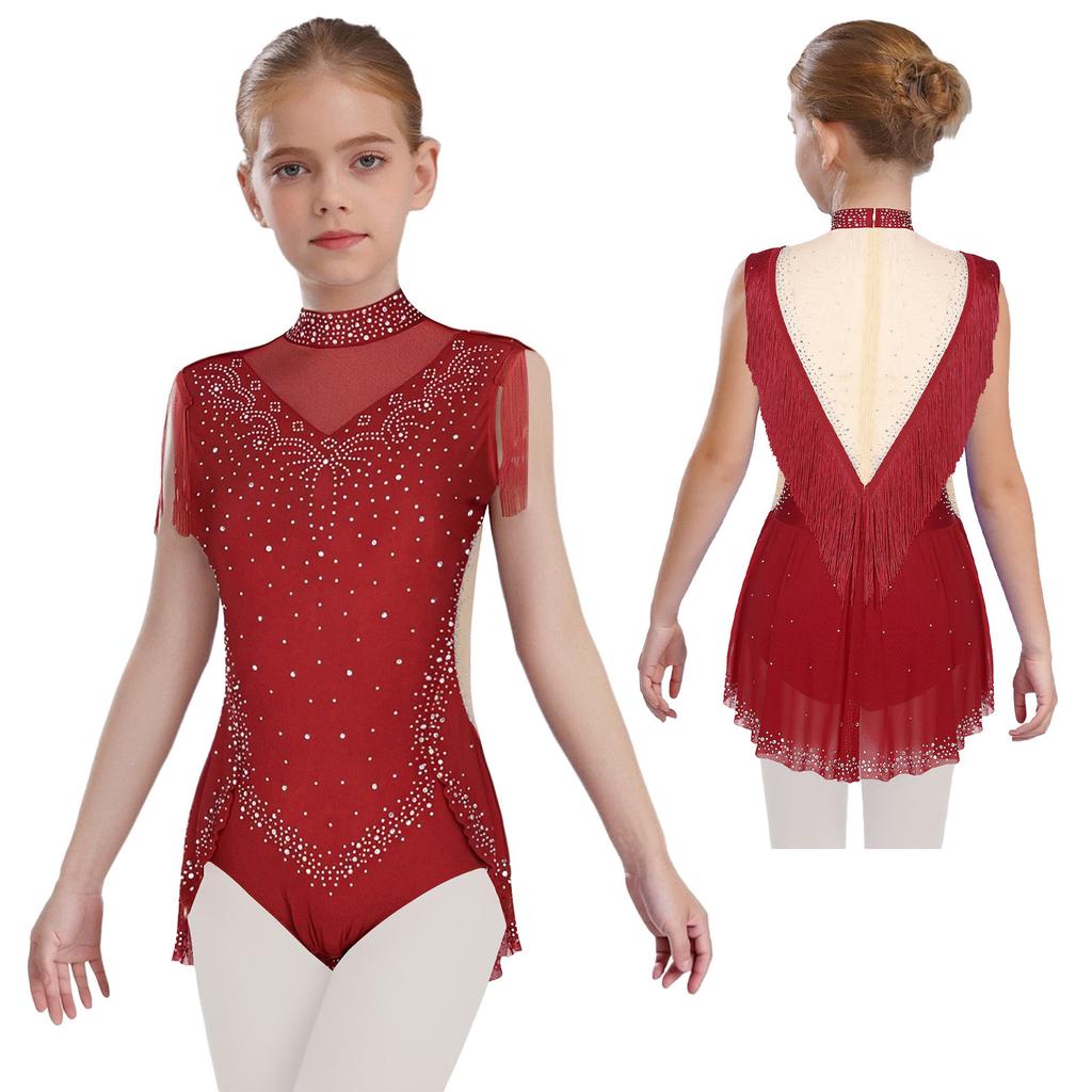 Girls Rhinestone Dance Leotard - Sparkling Mock Neck Bodysuit with Sheer Mesh & Tassel Skirt, Invisible Zipper Back