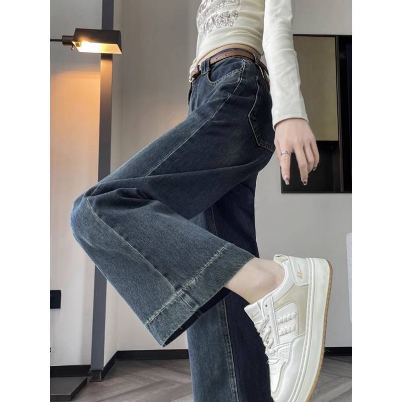 Retro Blue Jeans for Women's Spring Wide Leg Pants High Waist Slim Cropped Pants Straight Leg Pants