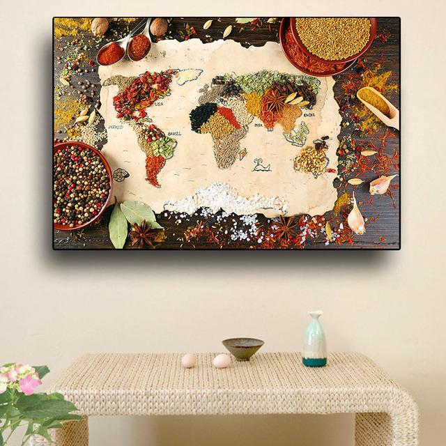 Grains Spices World Map Kitchen Canvas Painting Abstract Still Life Posters and Prints Pictures Living Room Home Decor No Frame