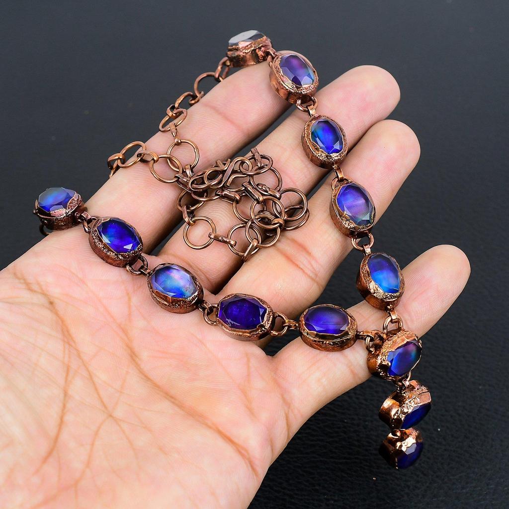 Ammolite Necklace Gemstone Jewelry, Copper Electroformed  Necklace, Adjustable Handmade Chain Necklace Gift For Wife Jewelry