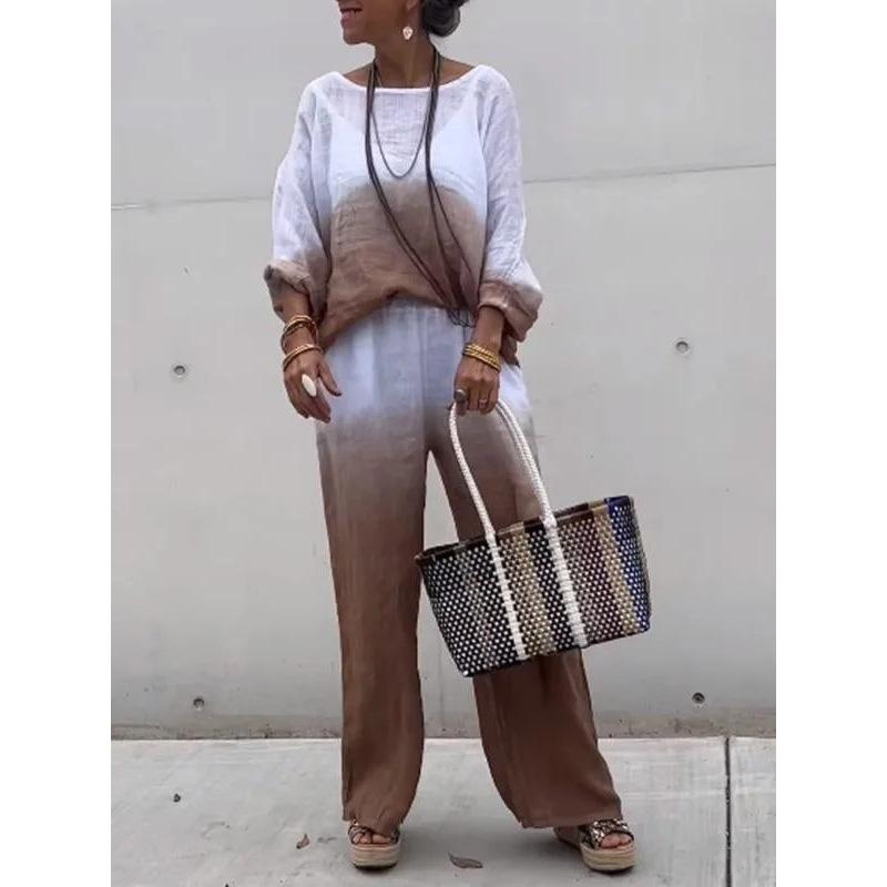 Женский комплект, модный топ из хлопка и льна с градиентом, топ с круглым вырезом с длинными рукавами и прямые брюки, комплект из двух предметов