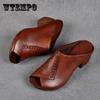 Vintage Soft Leather Brown Women's High-heeled SlippersThick Heel Peep-toe Comfortable Breathable Sandals Fashion Summer
