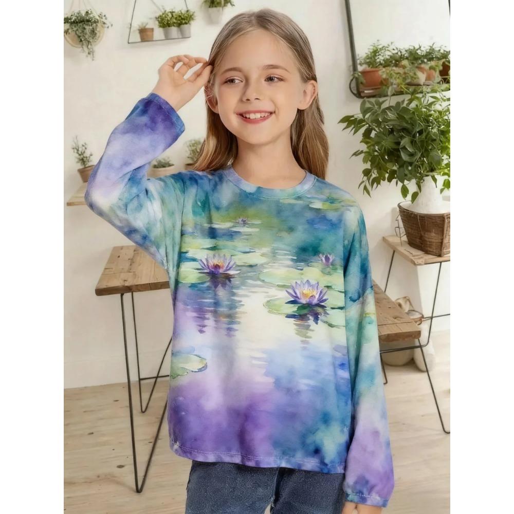Spring and Autumn Round Neck Flower Plant Patterns 3D Printed Top Fashionable Casual Long Sleeved Children's Girl T-shirts