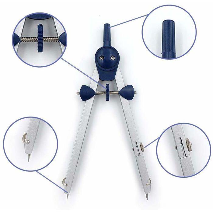 Lot de compas - AIMOONSA - 5 accessoires - Acier inoxydable - Porte‑mine 2 mm - Boîte incassable