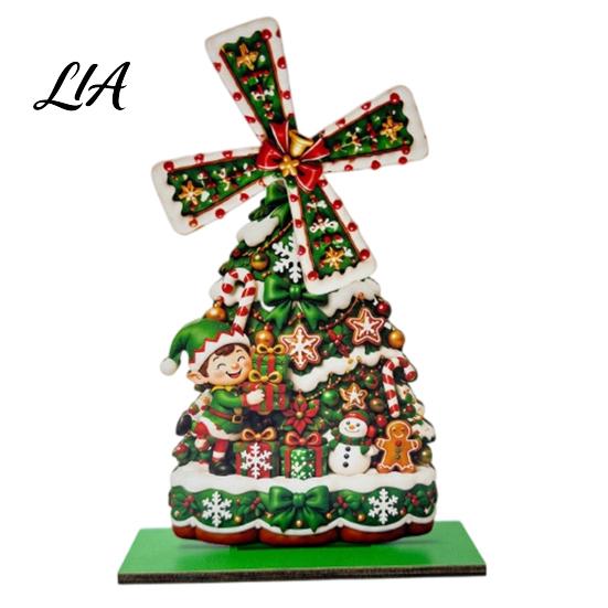Christmas Snowman Home Accents Windmill Wooden Ornament, Decorative Craft with Rotating Theme Desktop Ornament Blades, Handmade Figurine for