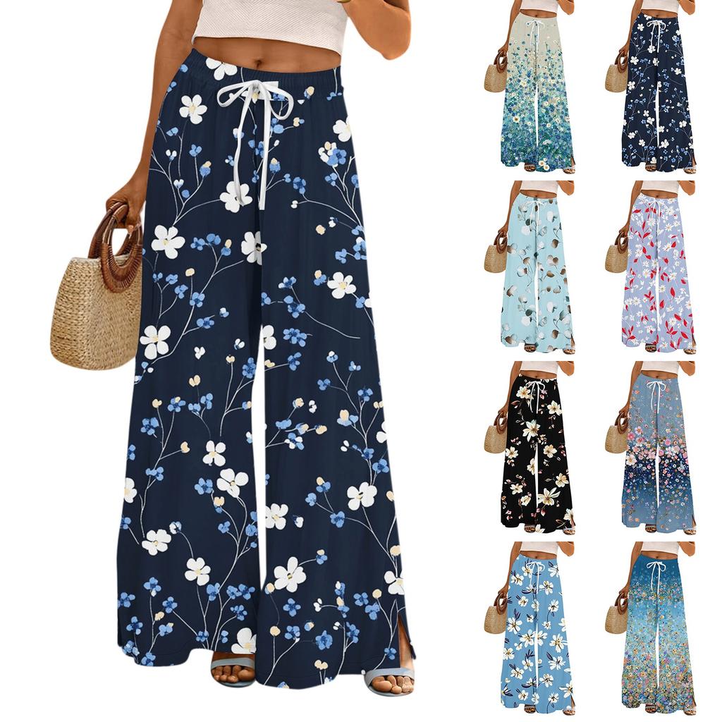 Women's Casual Wide Leg Pants Stretch Belt Pocket Floral Print Adjustable Tie Pants