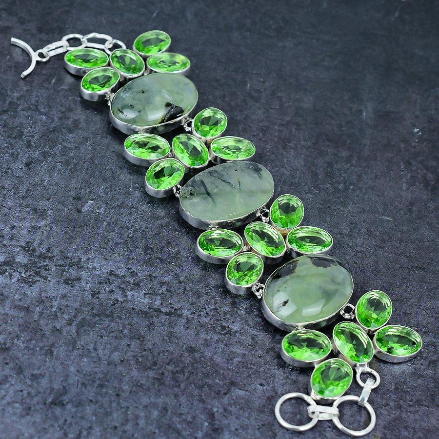Prehnite, Tsavorite Handmade 925 Sterling Silver Bracelet 7-8" A0M38