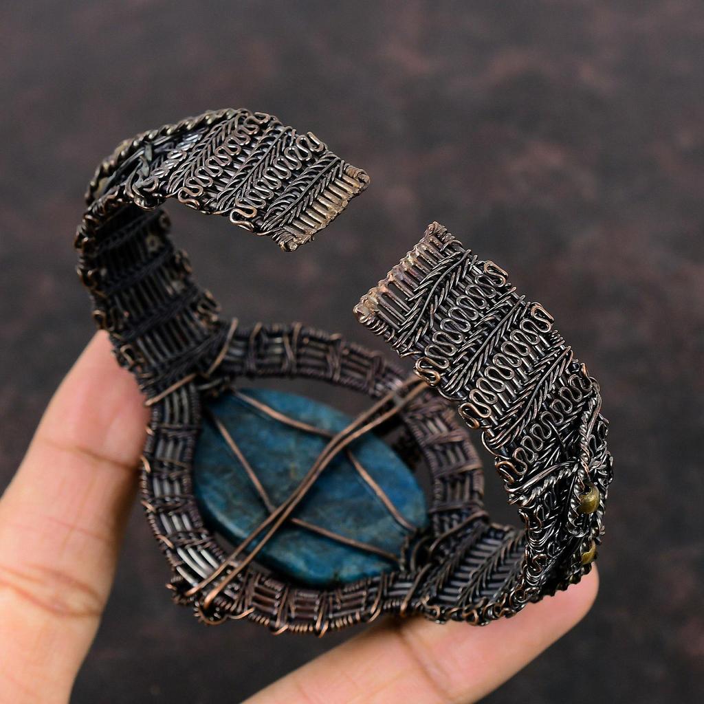 Браслет-манжета с неоновым апатитом, браслет с драгоценными камнями, браслет-манжета из медной проволоки, ювелирные изделия из медной проволоки ручной работы, регулируемый браслет, подарки для мамы