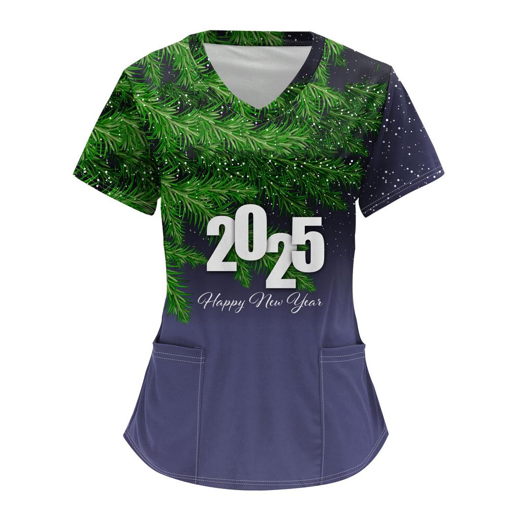 Women's Fashion V-neck Short-sleeved Overalls With Pockets 2025  Christmas Print Top