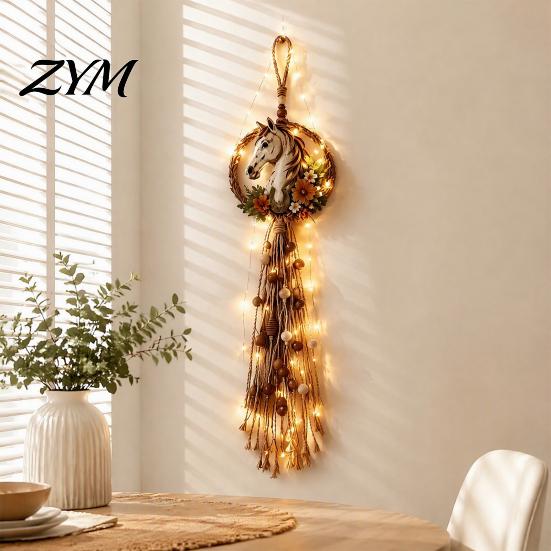 Rustic Entrance Door Decoration Farmhouse Horse Wall Decor, Boho Head Hanging Ornament with Wood Beads Pastoral for Bedroom Tassels, Art Living