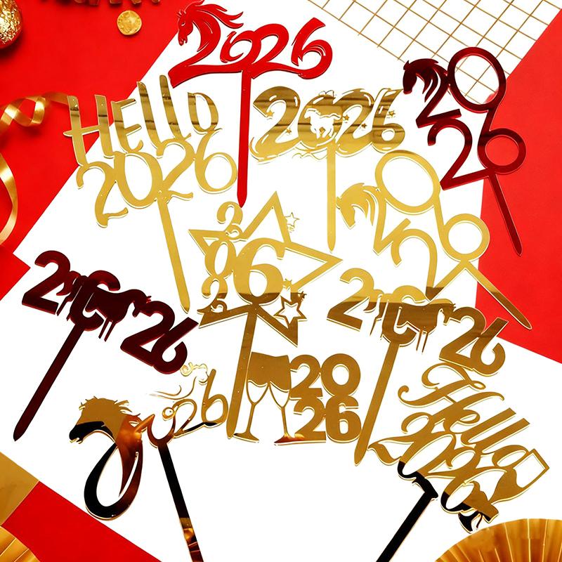 2026 С Новым годом Украшение для торта Золотой акриловый флажок для десерта Детский новогодний рождественский подарок Украшение для торта Принадлежности для выпечки